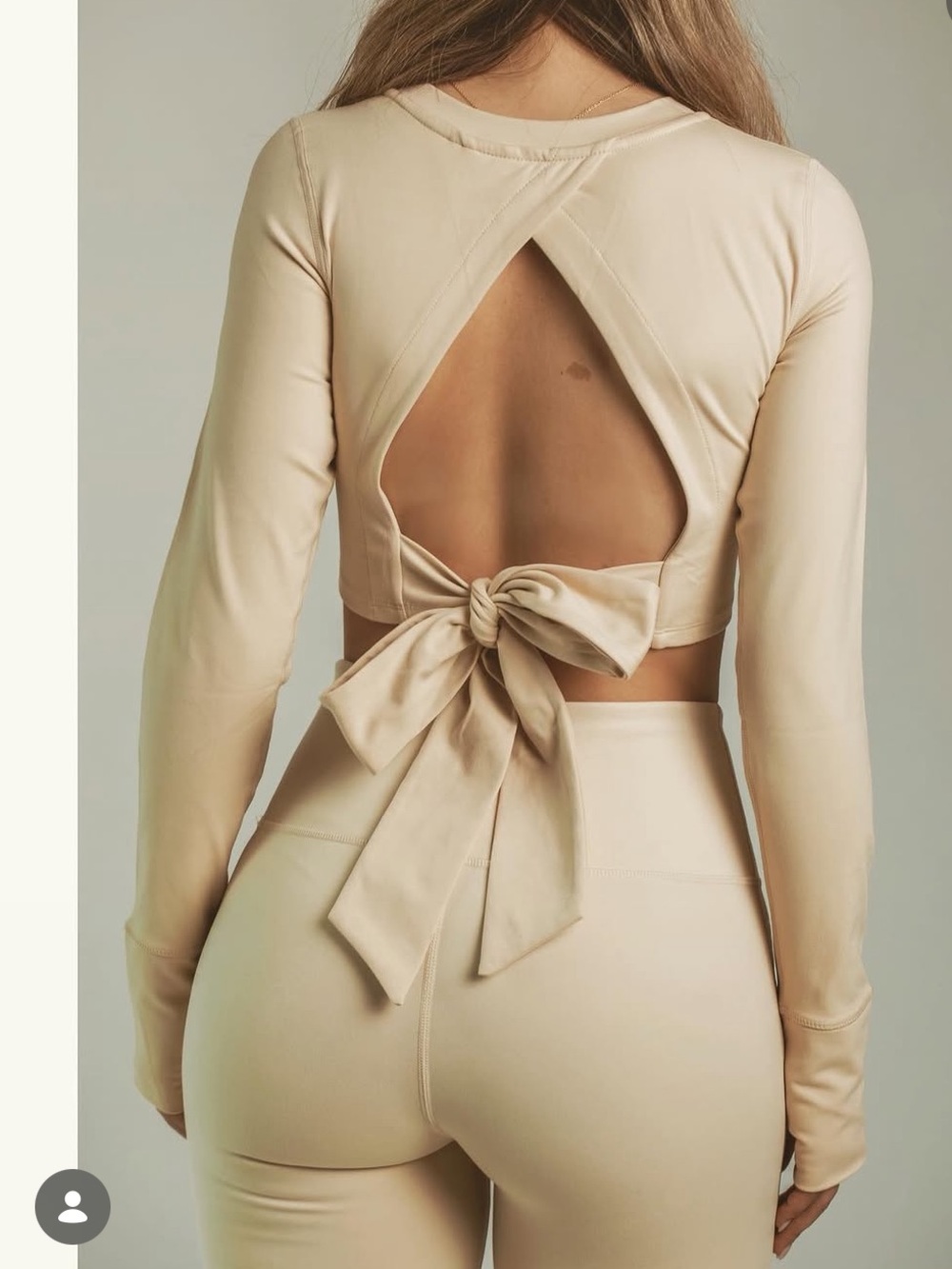 Mono B Beige Open Back Tie Crop Top Long Sleeve Athleisure Large